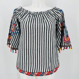 See And Be Seen Black Stripe Blouse Size M Off The Shoulder Embroidery Fringe